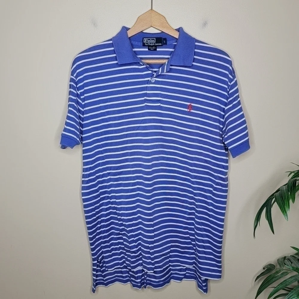 Polo by Ralph Lauren Blue Striped Short Sleeve Polo Shirt Size Large Preppy